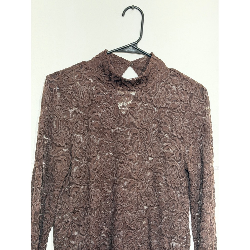 LOFT Brown Sheer Lace Mock Neck Long Sleeve Top Vintage 90s Boho Romantic Medium